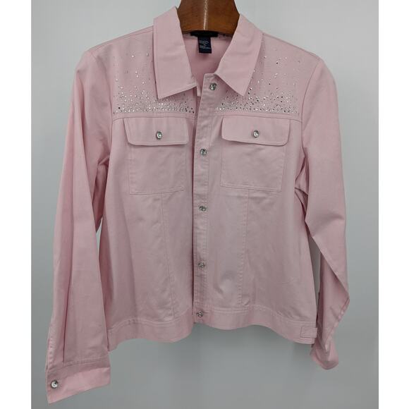 Vintage Pink Rhinestone 100% Denim Jean Jacket Size XL Coastal Cowgirl Western - Picture 2 of 4